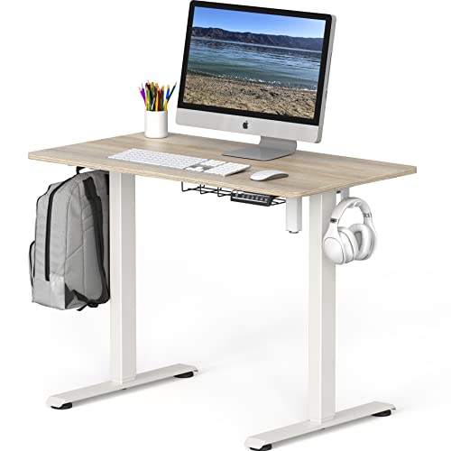 SHW Small Electric Height Adjustable Sit Stand Desk with Hanging Hooks and Cable Management, 40 x 22 Inches, White Frame and Maple Top - WoodArtSupply