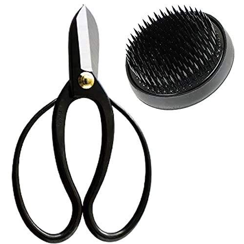 Wazakura Made in Japan Ikebana Tool Kit - Koryu Scissors + Black Kenzan Flower Holder, Japanese Floral Arrangement Set, Florist Shears and Pin Frog Wazakura