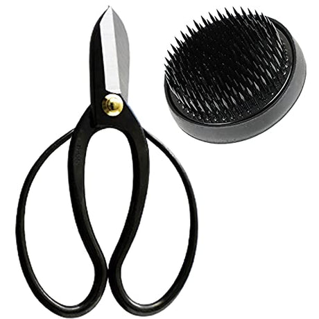 Wazakura Made in Japan Ikebana Tool Kit - Koryu Scissors + Black Kenzan Flower Holder, Japanese Floral Arrangement Set, Florist Shears and Pin Frog Wazakura