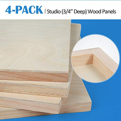 Unfinished Birch Wood Canvas Panels Kit, Falling in Art 4 Pack of 2 Sizes 11x14' and 9x12' Studio 3/4’’ Deep Cradle Boards for Pouring Art, Crafts,