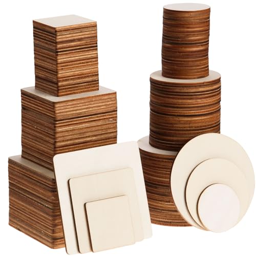 150 Pcs Unfinished Wooden Squares Wooden Circles Set Blank Wood Square Cutouts Slices Round Wood Discs Cutouts Natural Wood Cutouts Tiles Set for DIY