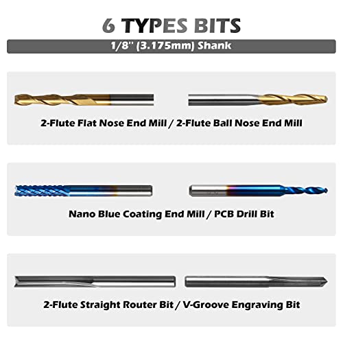 Genmitsu 50pcs Tungsten Carbide End Mill Router Bits, 1/8'' Shank CNC Bit Set Including 2-Flute Straight Bit, Flat Nose & Ball Nose End Mill, PCB Genmitsu