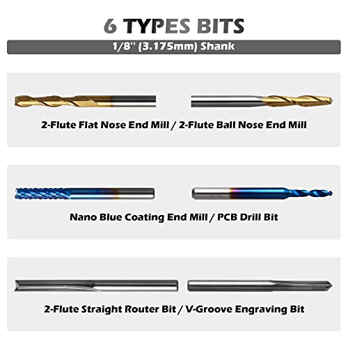 Genmitsu 50pcs Tungsten Carbide End Mill Router Bits, 1/8'' Shank CNC Bit Set Including 2-Flute Straight Bit, Flat Nose & Ball Nose End Mill, PCB - WoodArtSupply