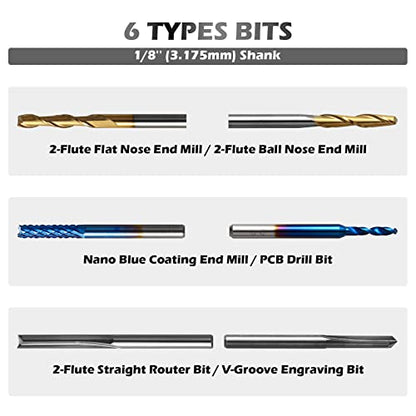 Genmitsu 50pcs Tungsten Carbide End Mill Router Bits, 1/8'' Shank CNC Bit Set Including 2-Flute Straight Bit, Flat Nose & Ball Nose End Mill, PCB - WoodArtSupply