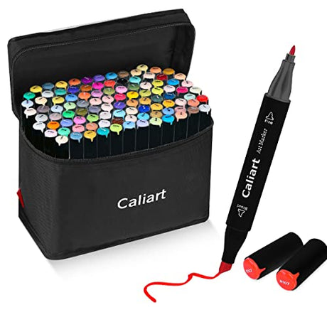 Caliart Alcohol Markers, 100 Colors Dual Tip Art Markers Sketch Markers Pens Permanent Alcohol Based Markers with Case for Adult Kids Halloween Caliart