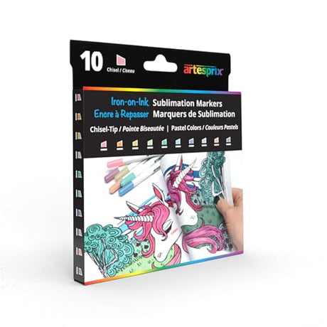 Artesprix Iron-on-Ink Markers for Sublimation Printing & Drawing, Pastel Color Chisel Tip, 10 Color Set Artesprix