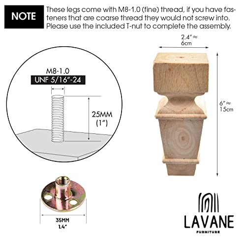 6 inch / 15cm Wooden Furniture Legs, La Vane Set of 4 Carved Geometry Solid Wood Unfinished Replacement Bun Feet with Mounting Plate & Screws for La Vane