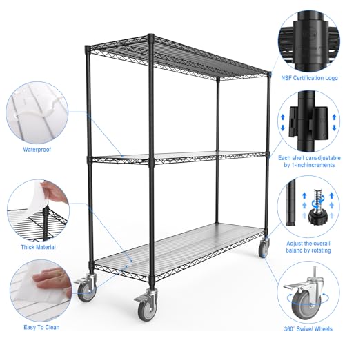 3 Tier NSF Wire Shelf Shelving Unit, 18 x 48 x 54 Inch 3000lbs Capacity Heavy Duty Adjustable Storage Rack with 5in Wheels/Leveling Feet and Shelf - WoodArtSupply