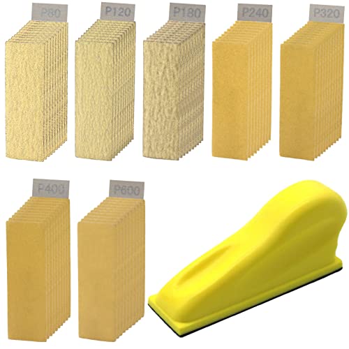 WHLLING Micro Detail Sander with 70PCS Sandpaper-Grit 80 120 180 240 320 400 600, 3.5”x 1”Micro Sanding Tools Detail Sander for Small Projects, WHLLING
