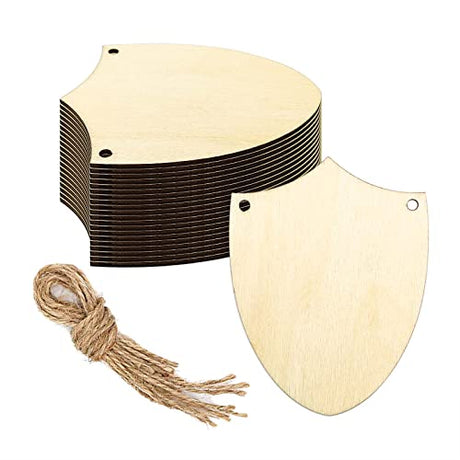 20pcs Wooden Shield Shapes Cutouts DIY Craft Embellishments Unfinished Wood Gift Tags Ornaments for Father's Day Halloween Christmas Decoration JANOU