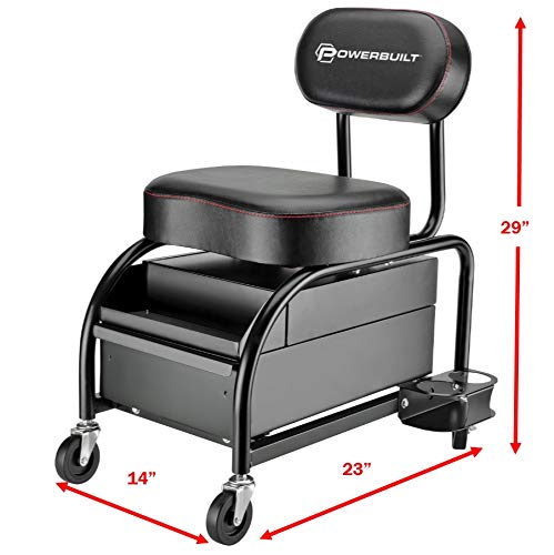 Powerbuilt Professional Car Detailers Mechanics Roller Seat, Heavy Duty Garage Stool with Thick Padded Seat and Backrest, 2 Sliding Storage Drawers, Powerbuilt