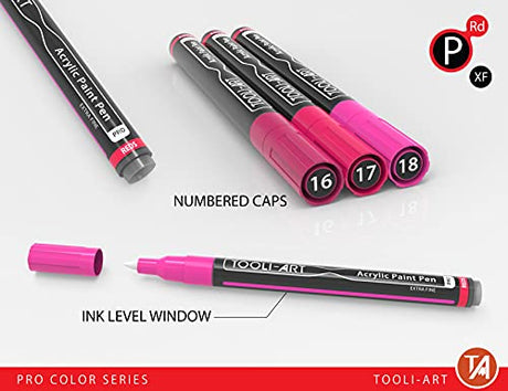 Acrylic Paint Pens 22 Red & Pink Tones Assorted Pro Color Series Markers Set 0.7mm Extra Fine Tip for Rock Painting, Glass, Mugs, Wood, Metal, TOOLI-ART