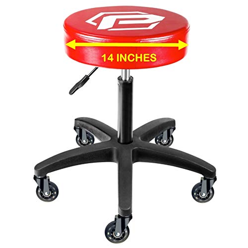 Powerbuilt Rolling Shop Stool with Adjustable Height, Mechanic Detailer Garage Seat with Padding - 240250, Red - WoodArtSupply