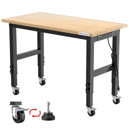 LARBANKE 48" Adjustable Workbench with Wheels,Heavy-Duty Rubber Wood Worktable with Power Outlets & Precision Scales & Foot Pads,2000 LBS Load - WoodArtSupply