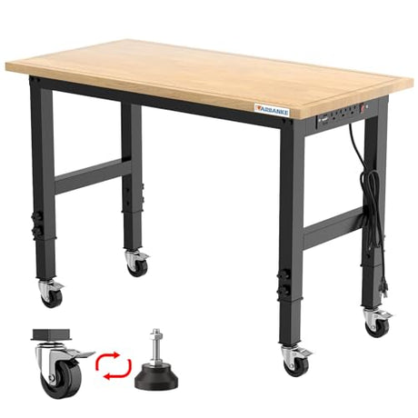 LARBANKE 48" Adjustable Workbench with Wheels,Heavy-Duty Rubber Wood Worktable with Power Outlets & Precision Scales & Foot Pads,2000 LBS Load LARBANKE