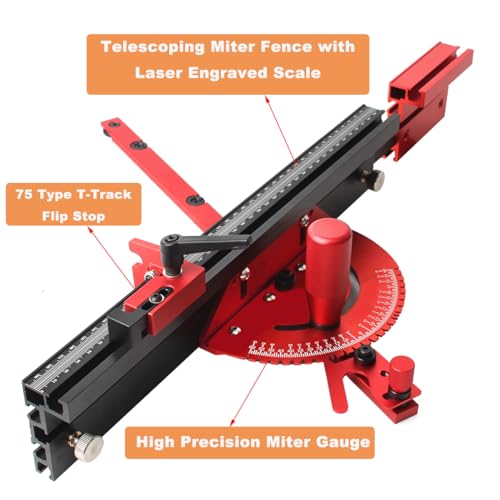 JCFANTS Precision Miter Gauge Table Saw Miter Gauge Extension Fence System with Repetitive Cut Flip Stop Telescoping Fence and Miter Track Stop for JCFANTS