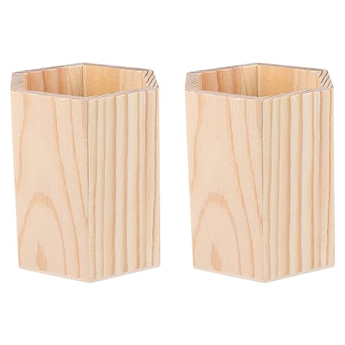 Ciieeo 2 Pcs Wooden Pen Holder Unfinished Wood Makeup Brush Holder Remote Control Holder Cup for Home Office Desk Storage Supplies(Hexagon)