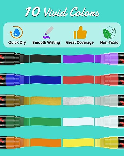 FansArriche Acrylic Paint Markers, 15mm Jumbo Felt Tip, 10 Colored Waterproof and Permanent Paint Pens for Tagging, Signs, Calligraphy, and Outdoor FansArriche