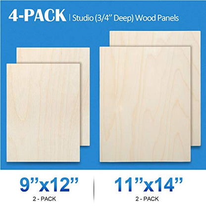 Unfinished Birch Wood Canvas Panels Kit, Falling in Art 4 Pack of 2 Sizes 11x14' and 9x12' Studio 3/4’’ Deep Cradle Boards for Pouring Art, Crafts,