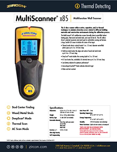 Zircon x85 Center Finding Stud Finder with AC Live Wire Detection and Thermal Wall Scanner for Detecting Water-Filled PEX Tubing up to 2 inches Deep - WoodArtSupply