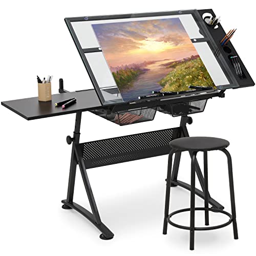 Magshion Drafting Table Desk Adjustable Height Artist Desk with Tilting Glass Tabletop and Sliding Wood Desktop, All-in-One Art Desk for Reading,