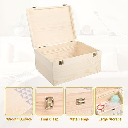 Voittozege Unfinished Wooden Box,12 x 9 x 5 Inch Natural Wood Boxes Large Wooden Box with Hinged Lid and Front Clasp DIY Wood Boxes Craft Stash Boxes