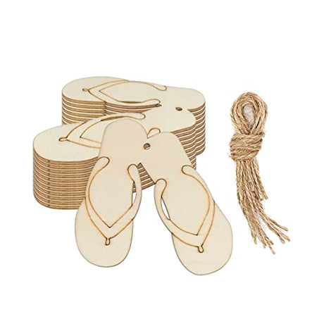 Creaides 12pcs Slipper Wood DIY Crafts Cutouts Wooden Flip Flop Shaped Hanging Ornaments with Hole Hemp Ropes Gift Tags for Hawaii Summer Holiday Creaides