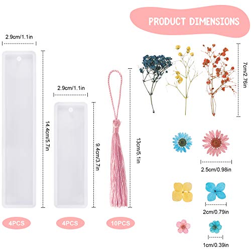 38 Pieces Bookmark Resin Mould Set, Include Rectangle Bookmark Silicone Mould Epoxy Resin Jewelry Mould with Colorful Tassels and Dried Flowers for Patelai