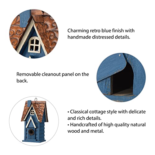 Glitzhome 12" H Retro Blue Distressed Solid Wood Cottage Birdhouse Hanging Bird House for Outdoors glitzhome