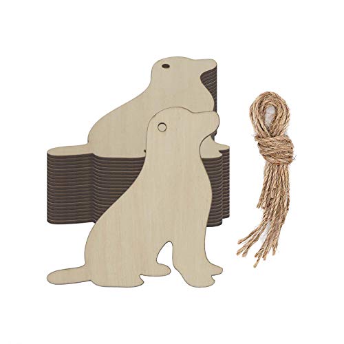 Creaides 20pcs Dog Wood DIY Crafts Cutout Wooden Dog Shaped Hanging Ornaments with Hole Hemp Ropes Gift Tags for Wedding Birthday Pets Theme Party