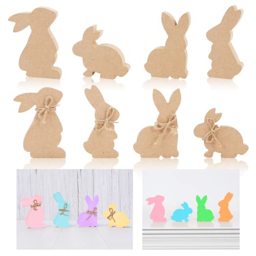 Whaline 8Pcs Easter Wooden Bunny Cutouts with Rope Unfinished Bunny Table Wooden Signs Easter Bunny Shaped Craft Tags Easter Wood Bunny Slice Ornament for Easter Home Decor Classroom DIY Art Craft
