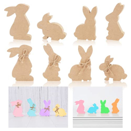 Whaline 8Pcs Easter Wooden Bunny Cutouts with Rope Unfinished Bunny Table Wooden Signs Easter Bunny Shaped Craft Tags Easter Wood Bunny Slice Whaline