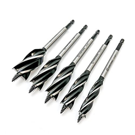 CORTOOL Auger Drill Bit for Wood,1/2", 5/8", 3/4" and 1" Inch Size with Quick Change Hex Shank 5-Piece Drill Bit Set for Wood Cortool