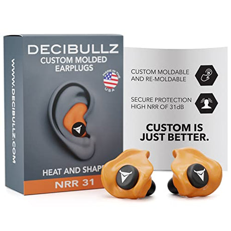 Decibullz - Custom Molded Earplugs, 31dB Highest NRR, Comfortable Hearing Protection for Shooting, Travel, Swimming, Work and Concerts (Orange) Decibullz