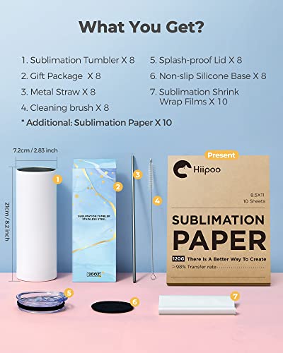 Hiipoo 8 Pack Sublimation Tumblers bulk 20 oz Straight Skinny with Sublimation Papers, Lids and Straws, Shrink Wrap, Sublimation Tumbler Cups for