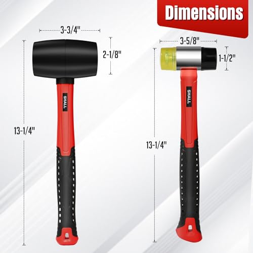 SHALL 2-Piece Rubber Mallet Hammer Set, 16oz Rubber Hammer Mallet & 40mm Double-Faced Soft Mallet, Shockproof Fiberglass Handle with Cushion Grip,