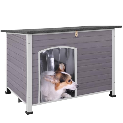 Insulated Wooden Dog Kennel Dog House with PVC Curtain and Removable Floor for Easy Cleaning (Large)