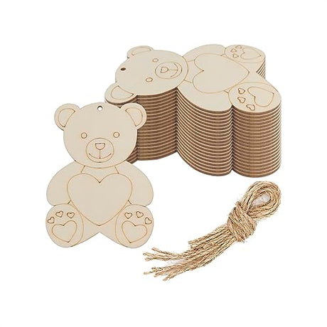 Creaides 20pcs Bear Wood DIY Crafts Cutouts Wooden Bear Hug Heart Shaped Hanging Ornaments with Hole Hemp Ropes Gift Tags for Baby Shower Wedding Creaides