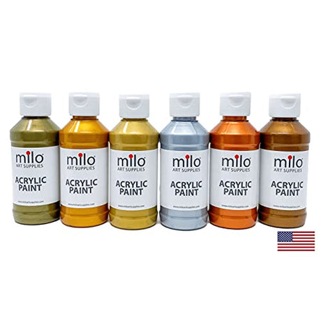milo Metallic Acrylic Paint Set of 6 Colors | 4 oz Bottles | Student Metallic Colors Acrylics Painting Pack | Made in the USA | Non-Toxic Art & Craft milo