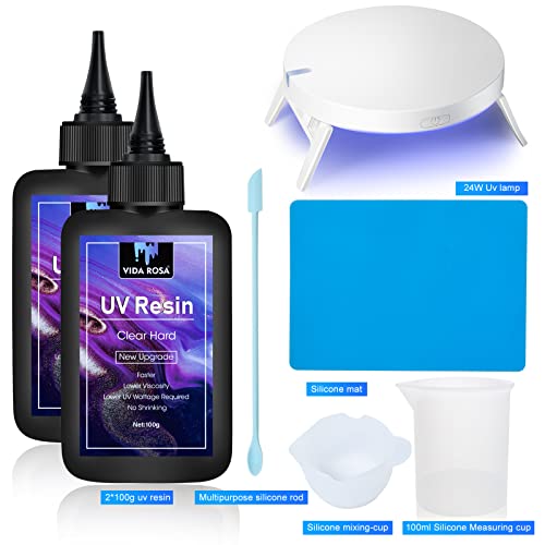 VIDA ROSA 200g UV Resin Kit with Upgraded UV Light 24W,Silicone Stir Rod, Measuring Cup and Silicone Pad-Ultraviolet Epoxy Resin Hard,UV Resin VidaRosa