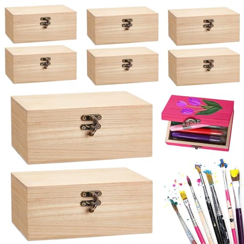 RHBLME 8 Pack Unfinished Wooden Boxes for Crafts, 8 x 4 x 2 Inch Wooden Box with Hinged Lid and Front Clasps, Unpainted Wooden Box for Crafts DIY RHBLME
