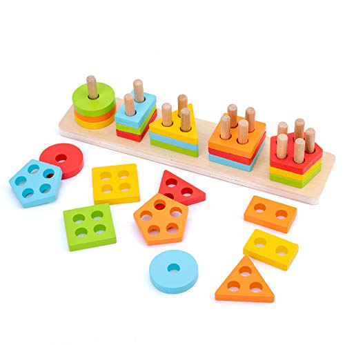 WOOD CITY Wooden Sorting & Stacking Toy, Shape Sorter Toys for Toddlers, Montessori Color Recognition Stacker, Early Educational Block Puzzles for