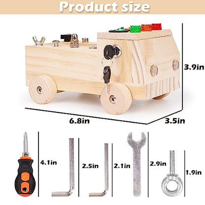 Montessori Car Screwdriver Board Set ，Car LED Busy Board Light Switch Montessori Toy for Toddlers, Wooden Busy truck Kids Tools Set, Fine Motor - WoodArtSupply