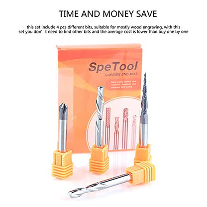 SpeTool CNC Router Bits Carving Set for Wood Profile V Groove Engraving Solid Carbide 1/4 Inch Shank