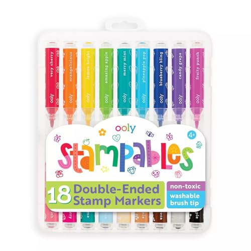 Ooly Double-Sided Stampable Markers, Washable Markers, Marker Stamps and Brush Tip on Each Side, Stamp Colored Markers, Cute School Suplies, Markers