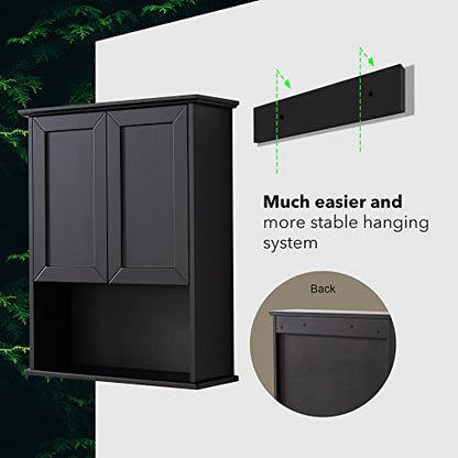 OONNEE Bathroom Wall Cabinet Black Wall Mounted Wood Medicine Cabinets, Over Toilet Storage Cabinet with 2 Doors & Adjustable Shelf, Soft Hinge Wall