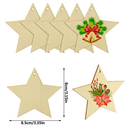 obmwang 50 Pieces Natural Wooden Star Cutouts Unfinished Predrilled Wooden Star Embellishments with Natural Twine for Christmas, DIY Craft, Party