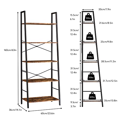 Yusong 5-Tier Industrial Ladder Bookshelf - Rustic Brown Storage Rack for Home and Office Yusong