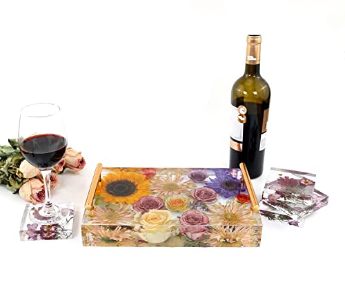 Resin Tray Molds Silicone, 13.5" Large Rectangle Deep Tray Resin Mold & Gold and Silver Handle, Shiny Silicone Tray Board Table Mold for Resin, ModWgGuo