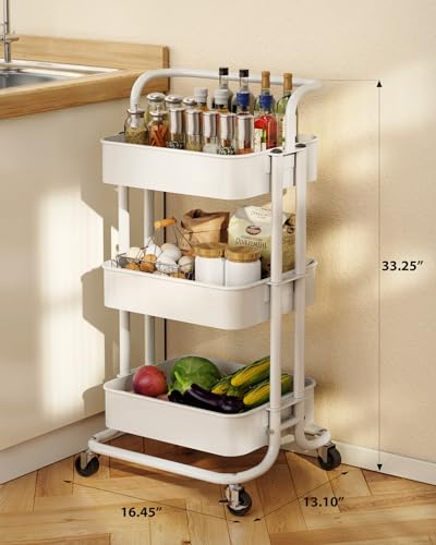 Pipishell 3 Tier Mesh Utility Cart, Rolling Metal Organization Cart with Handle and Lockable Wheels, Multifunctional Storage Shelves for Kitchen Pipishell